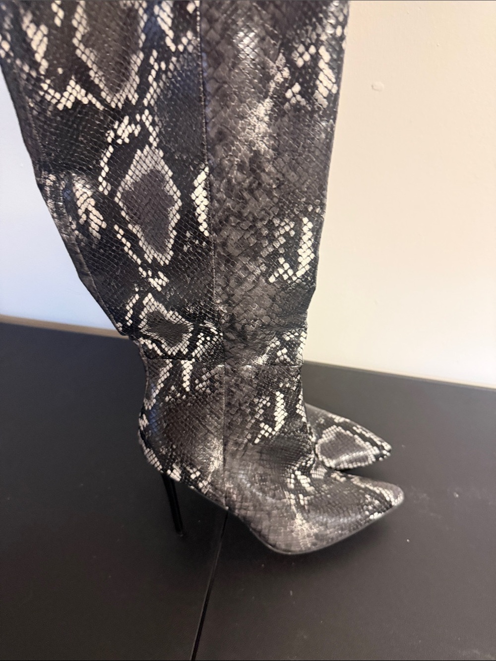 Forever 21 Black and Gray Snake-Print Over-the-Knee Stiletto Boots
